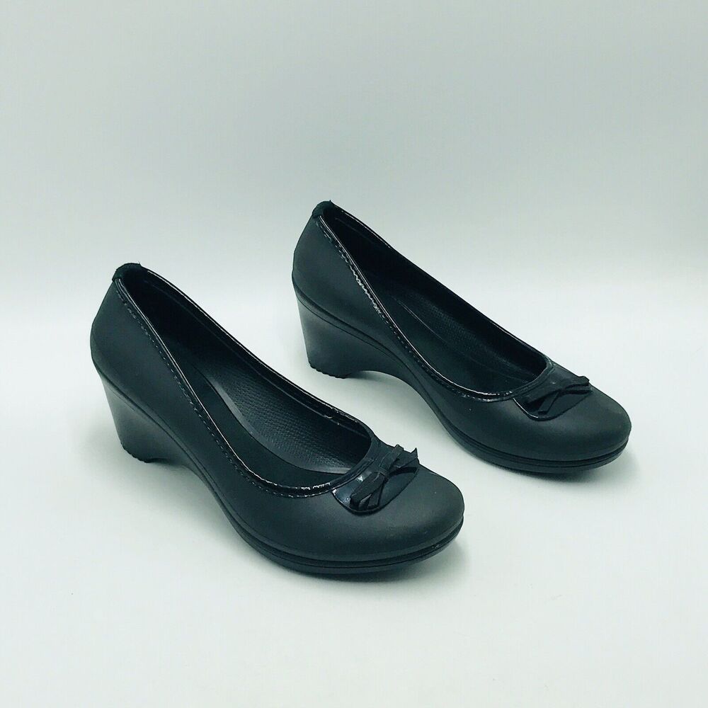 Crocs Women's 9 Lena Wedges Sandals Rubber Black Bow Comfort Career Office